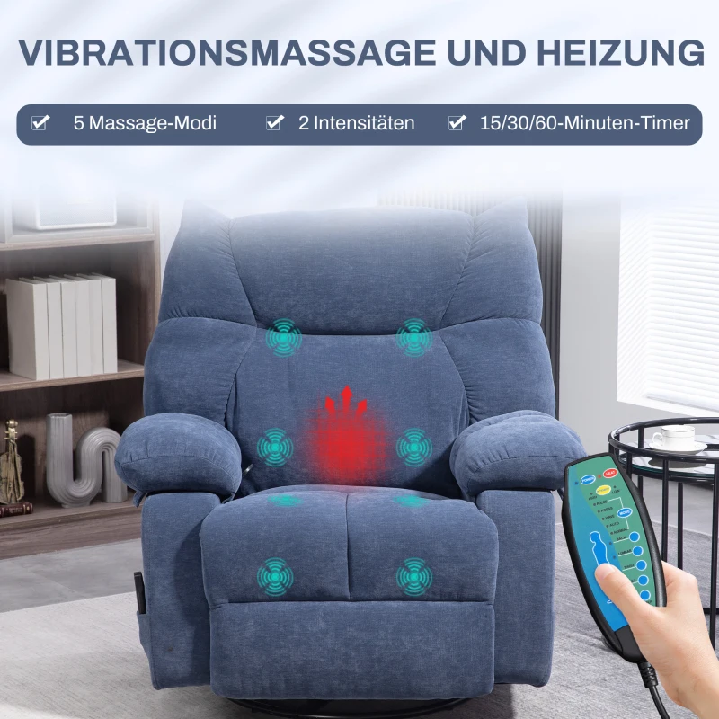 HOMCOM Massagesessel mit Wärme- & Liegefunktion, drehbar, bis 150 kg, Metallgestell, 98x90x98cm, Blau(m-4)