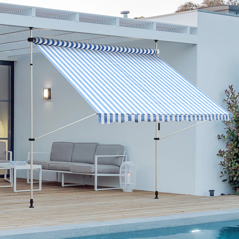 Outsunny Store banne Manuel rétractable 2,5L x 1,5l x 2-3H m Inclinaison réglable Installation Rapide métal alu Polyester Bleu Blanc rayé