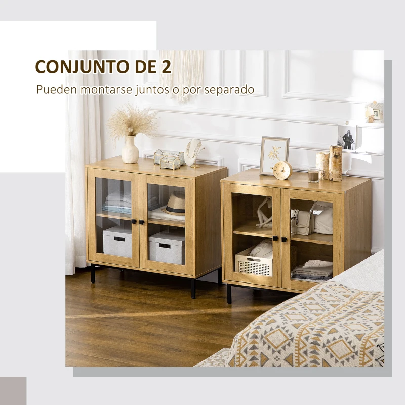 HOMCOM Juego de 2 Aparadores para Salón con Puertas de Vidrio y Patas de Metal para Comedor Dormitorio 160x40x76cm Roble