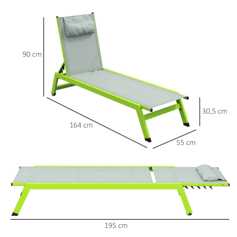 Outsunny Bain de soleil transat en aluminium et textilène avec roulettes et repose-tête dossier inclinable vert