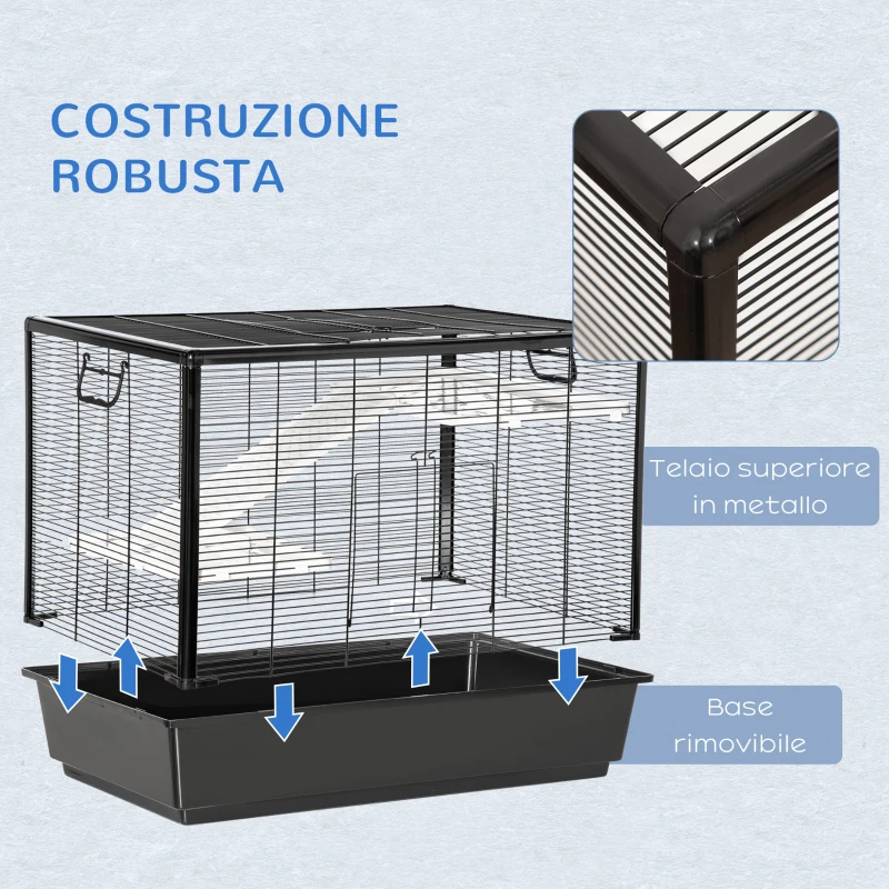 PawHut Gabbia per Porcellino d'India con Maniglia, Serbatoio d'Acqua, Rampa e Piatto, 80x48x58cm, Nera