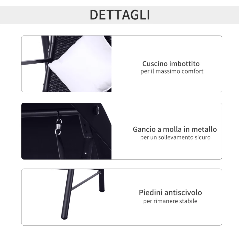 Outsunny Dondolo Polyrattan da Giardino a 3 posti, 2 Cuscini e Baldacchino Ferro Verniciato a Polvere Tetto Idrorepellente Cuscini Sfoderabili 198x124x179cm 360kg