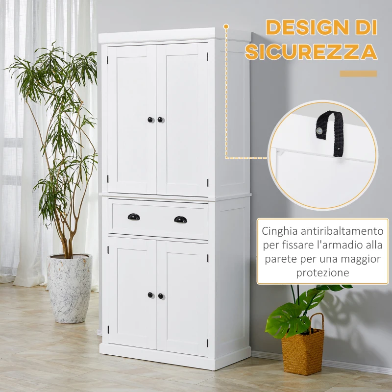 HOMCOM Mobile Cucina con Armadietto Superiore e Inferiore e Cassetto Centrale in Legno, 76x40.5x184 cm, Bianco