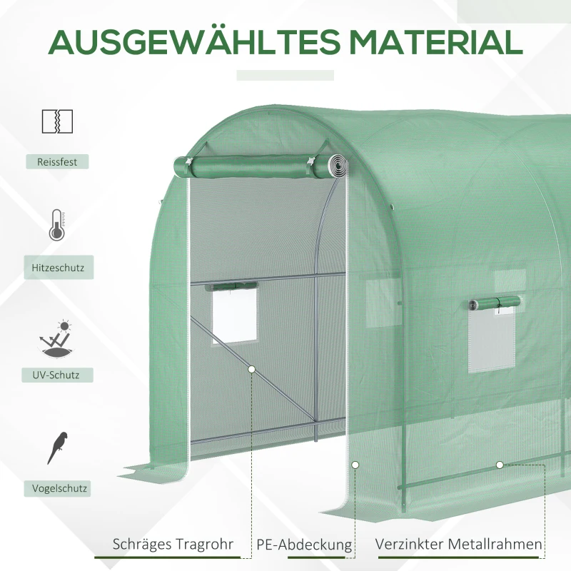 Outsunny Gewächshaus 500x200x205cm Foliengewächshaus Tomatenhaus mit Tür, 8 Fenster, Folientunnel aus verzinktem Stahl, PE, stabiles Treibhaus Pflanztunnel, inkl. Erdanker & Seilen, Grün
