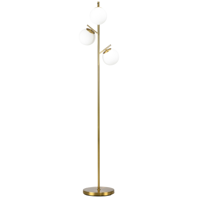 HOMCOM Lampadaire sur pied salon en métal avec 3 abat-jours globe blanc verre dépoli 40W Ø 27 x 169H cm doré