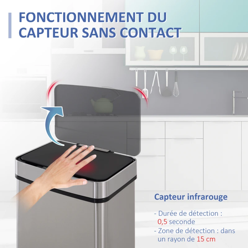 HOMCOM Poubelle à capteur de mouvement ouverture automatique 3 compartiments capacité 72L design 42 x 30 x 81 cm