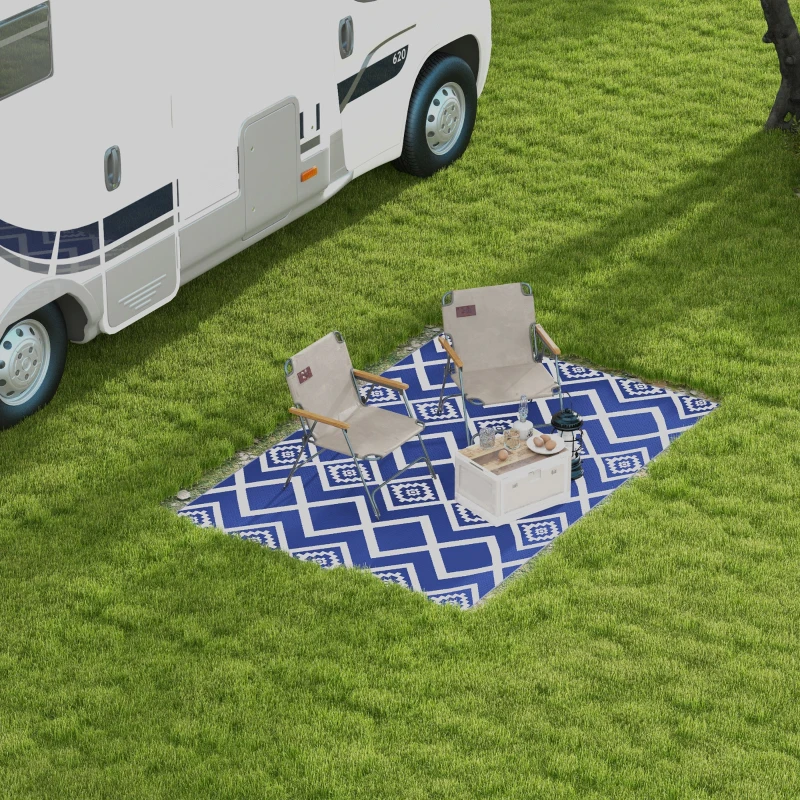 Outsunny Plastic Straw Reversible RV Outdoor Rug with Carry Bag, 182 x 274cm, Blue and White