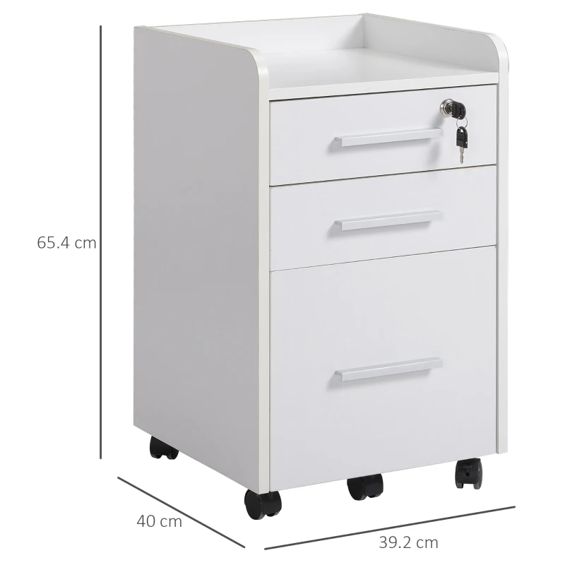 HOMCOM Schedario da Ufficio con 3 Cassetti, 5 Ruote, Cassettiera Ufficio con Serratura e 2 Chiavi per Lettera/Legale/Formato A4, Armadietto Verticale per Studio, 39.2x40x65.4 cm, Bianco