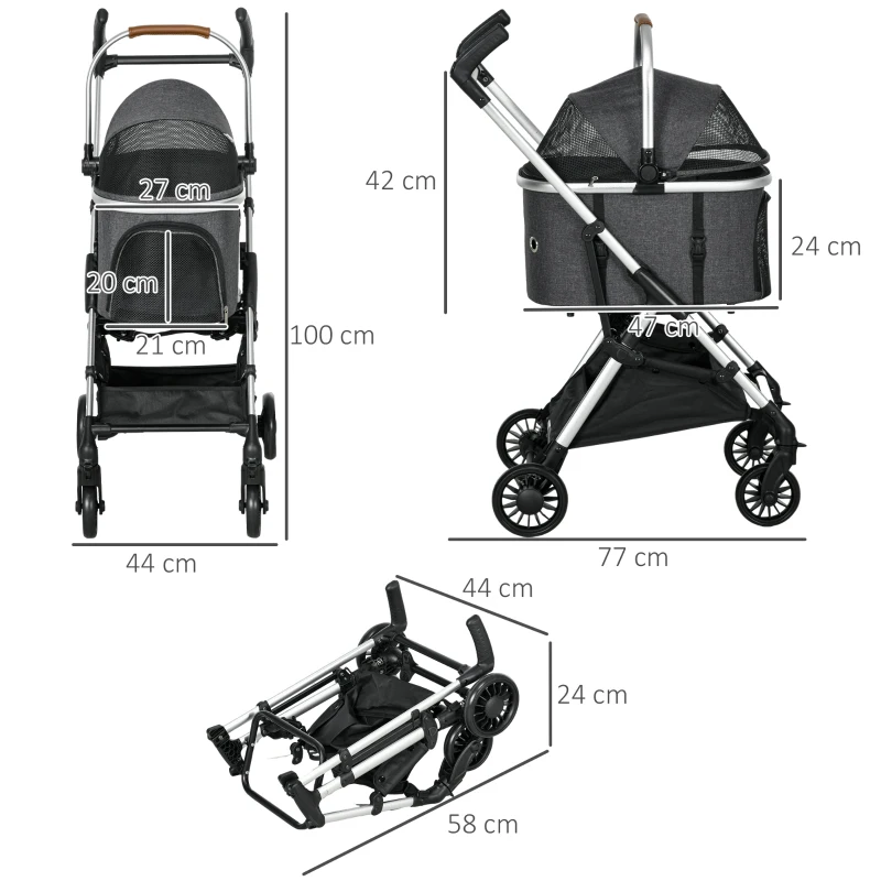 PawHut Poussette pour chiens 3 en 1 pliable panier de transport avec poignée habillage de pluie 77 x 44 x 100 cm gris