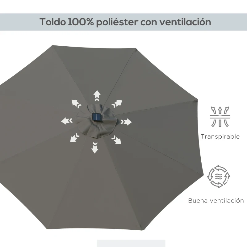 Outsunny Parasol de Terraza Ø268x238 cm con 24 Luces LED Solar Mecanismo de Inclinación Manivela y Poste Desmontable Gris