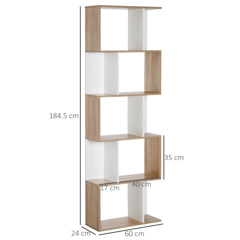 HOMCOM Scaffale Libreria a 5 Ripiani Suddivisi, Libreria Salvaspazio a Forma di S in Legno, Scaffale Divisorio per Soggiorno, Camera da Letto e Ufficio, 60x24x184.5 cm, Color Legno e Bianco