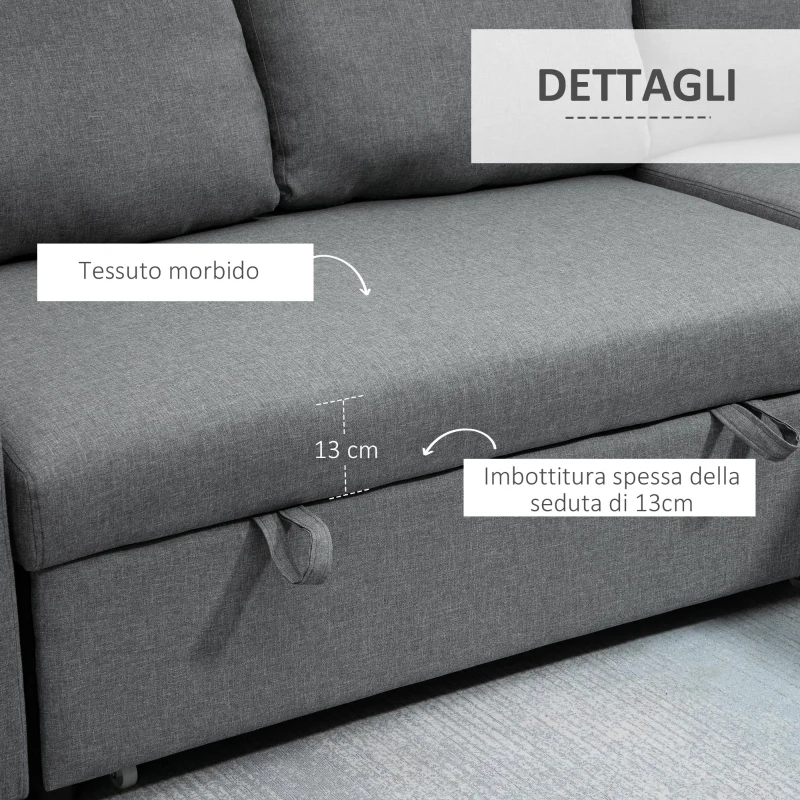 HOMCOM Divano Letto 3 Posti e Penisola con Contenitore, Rivestimento Tessuto Effetto Lino, 211.5x146x85cm