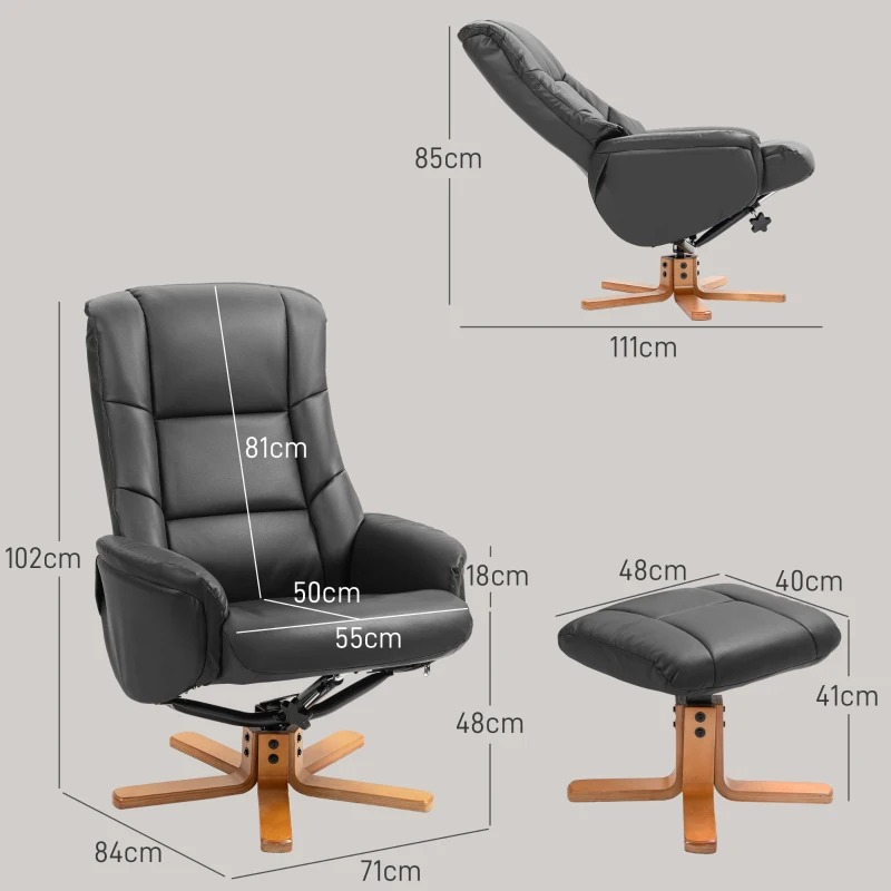 HOMCOM Relaxsessel mit Hocker, Liegefunktion, Kunstlederbezug, bis 150 kg, 71 x 84 x 102 cm, Schwarz(m-3)