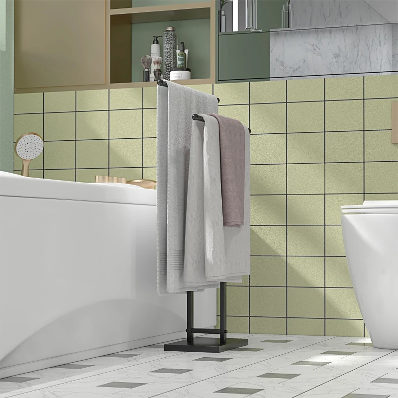HOMCOM Porta Asciugamani a Terra Autoportante per Bagno a 2 Barre in Metallo, 50x18.5x85cm, Nero