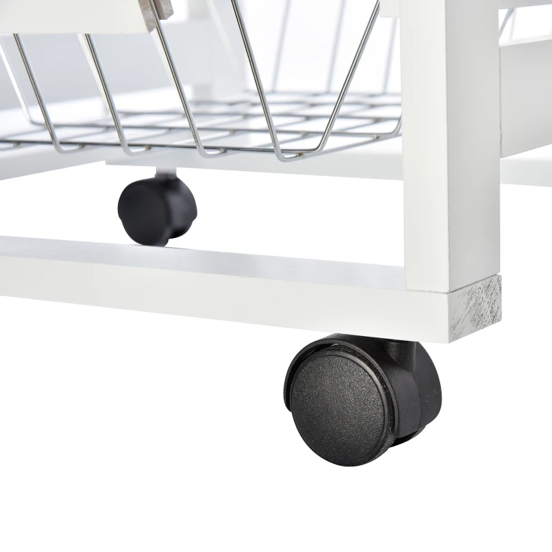 HOMCOM Carrello Isola da Cucina Salvaspazio in Legno di Pino, Carrello Portavivande con 4 Ruote Cassetto 3 Cesti Estraibili Portafrutta, Bianco