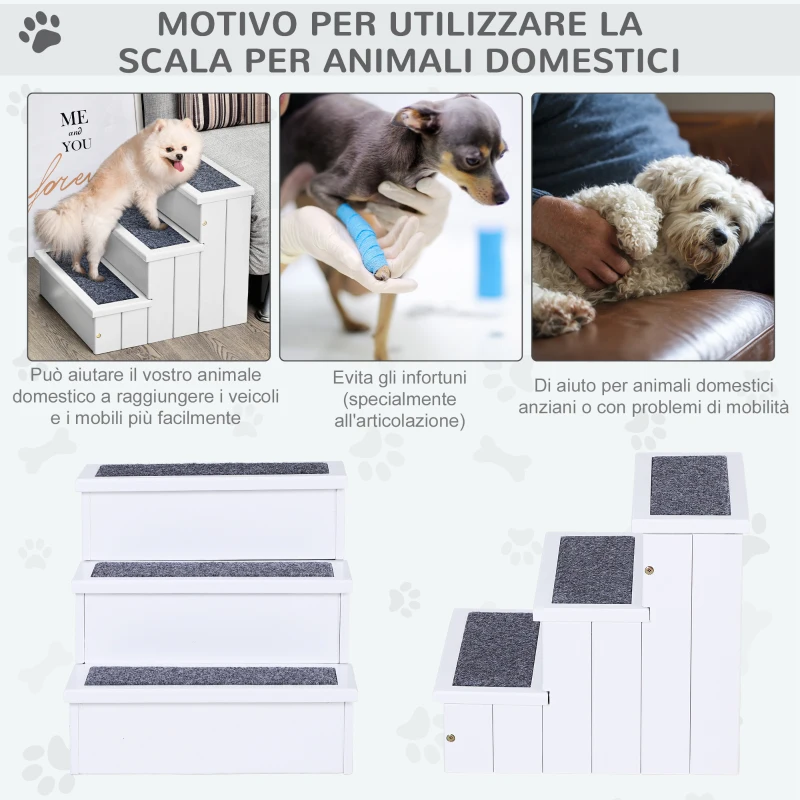 PawHut Scaletta per Cani a 3 Gradini con Tappeto Antiscivolo e Spazio Interno, 40.5x44.5x38cm, Bianco
