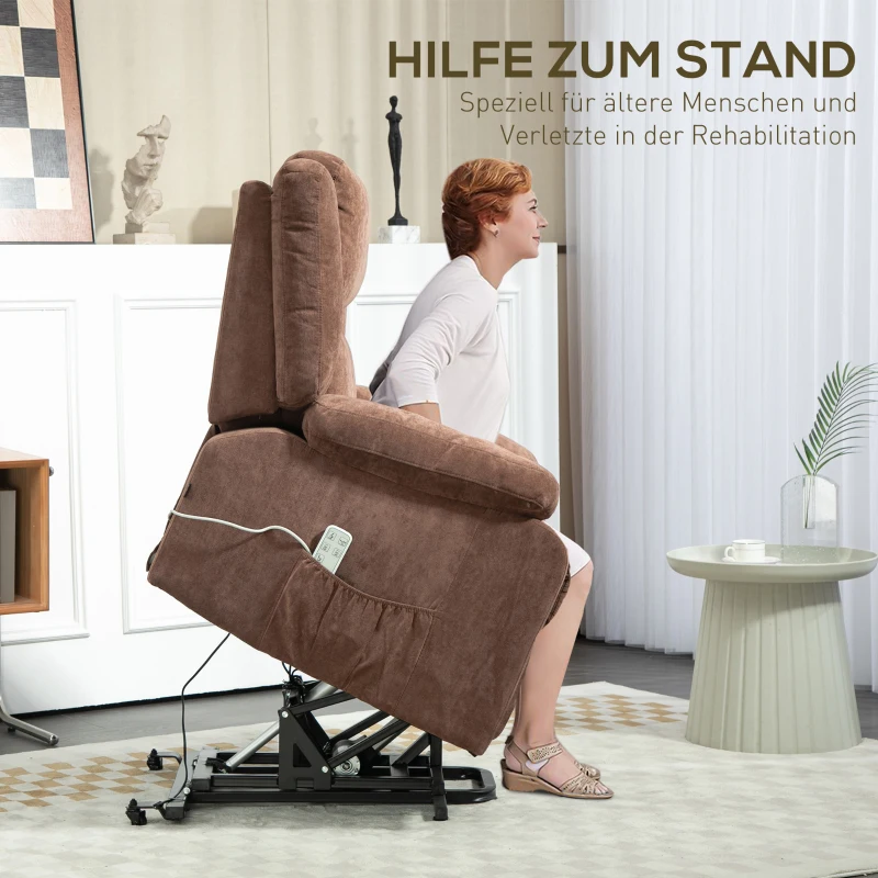 HOMCOM Relaxsessel mit Aufstehhilfe, verstellbare Kopfstütze, klappbare Rückenlehne, gepolsterte Armlehnen, Hellbraun