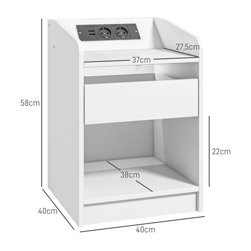 HOMCOM Mesilla de Noche con Luces LED Cajón Estante Estación de Carga Puertos USB y Control Remoto 40x40x58 cm Blanco