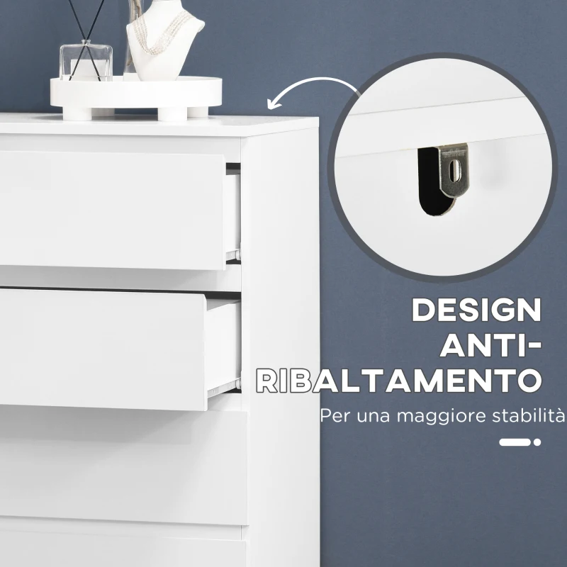 HOMCOM Cassettiera 6 Cassetti con Design Antiribaltamento, in Truciolato, 80x39x115 cm, Bianco
