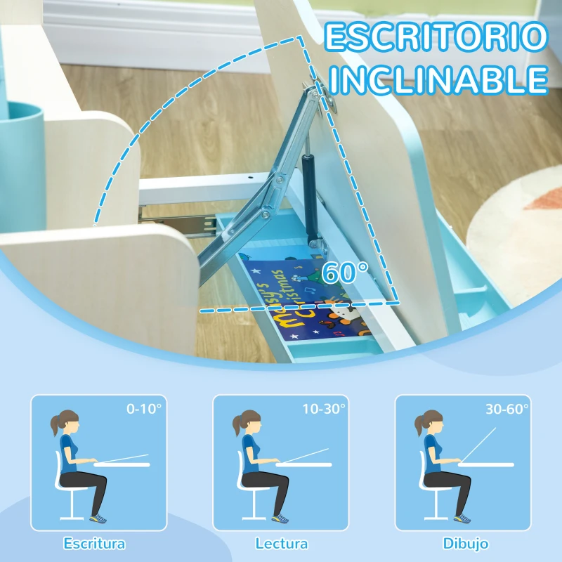 HOMCOM Escritorio y Silla para +3 Años con Altura Ajustable y Mesa Inclinable 80x52x88-109 cm y 35,5x44,5x66-80 cm Azul