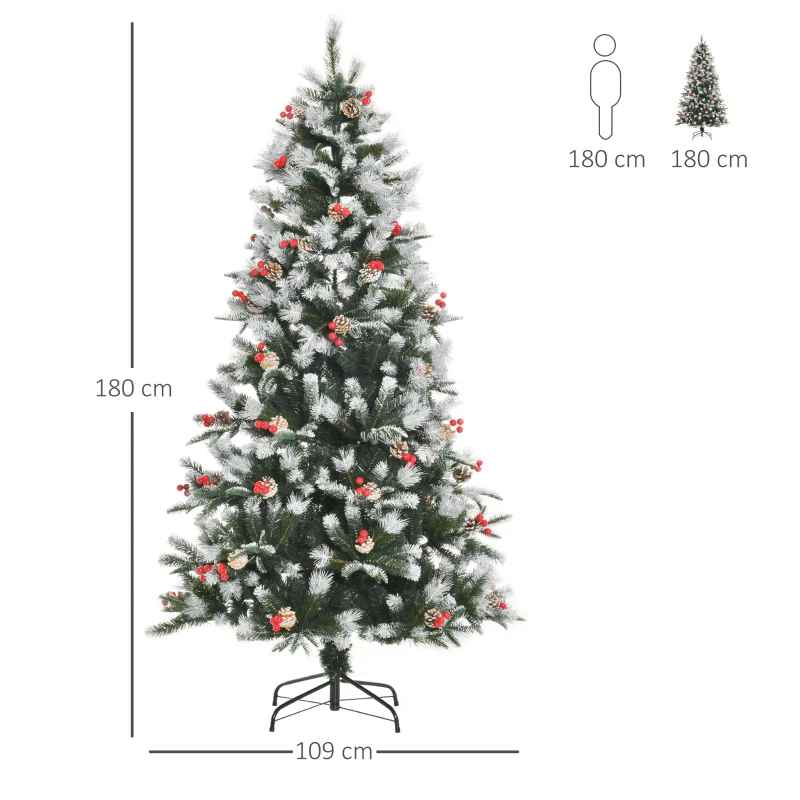 HOMCOM Árbol de Navidad Artificial 180 cm con 678 Ramas 53 Piñas y 53 Bayas Decoración Navideña para Interiores Verde