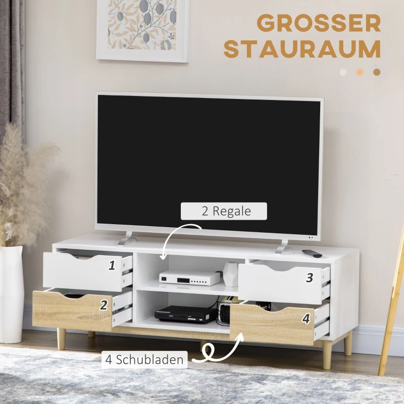 HOMCOM TV-Bank mit 4 Schubladen, 2 Fächern, Kabelöffnung, 120 cm x 40 cm x 44,5 cm, Natur + Weiß