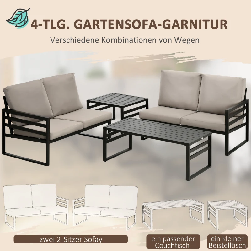 Outsunny Gartenmöbel-Set für 4 Personen 2 Sofa 2 Tische wetterbeständig, 128 cm x 79 cm x 76,5 cm, Hellgrau + Schwarz