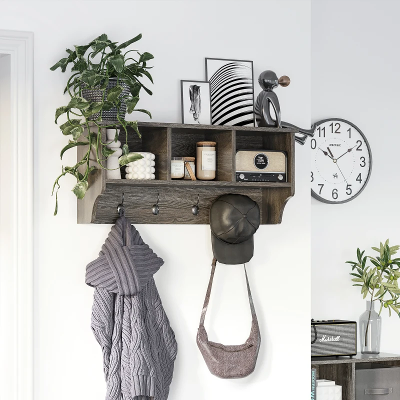 HOMCOM Perchero de Pared Estantería de Pared con 4 Ganchos y 3 Compartimientos para Pasillo Entrada 80x24x35,5 cm Gris