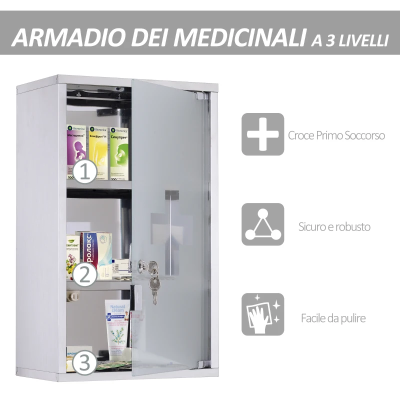 HOMCOM Armadietto medicinali 50x30x18cm Cassetta mobile bagno primo soccorso in acciaio inox con serratura
