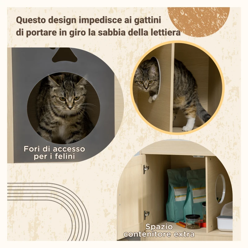 PawHut Mobile per Lettiera Casetta per Gatti con Spazio Portaoggetti e Pali Tiragraffi, in Legno, 107x54x70 cm