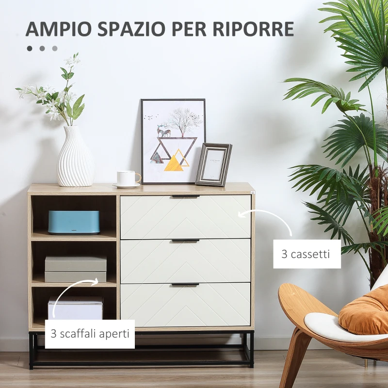 HOMCOM Credenza Moderna a Base Rialzata con 3 Cassetti e 3 Ripiani Aperti in MDF, Truciolato e Acciaio, 100x40x79.5 cm