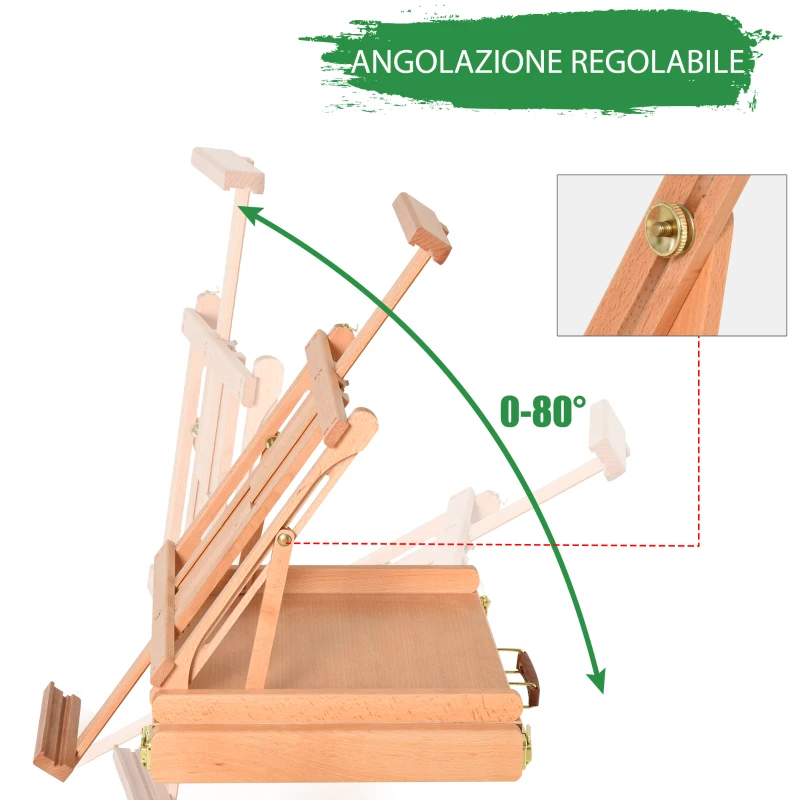 HOMCOM Cavalletto in Legno di Faggio con Cassetto Inferiore, Altezza e Angolazione Regolabile, 42x36x12.5 cm