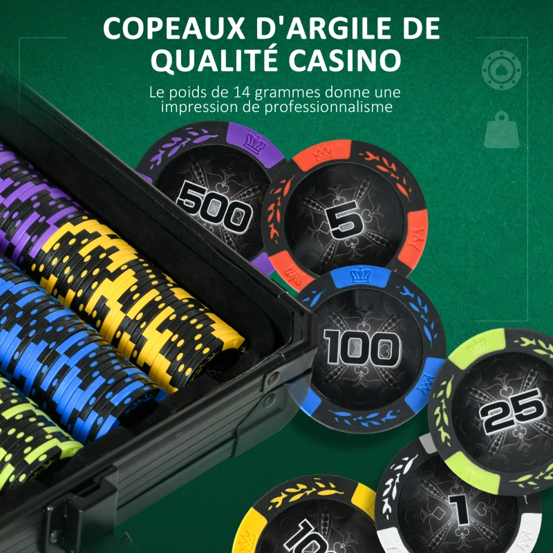 SPORTNOW Mallette de Poker Coffret de Poker Complet, avec 500 jetons 5 dés 2 Jeux de Cartes 3 boutons