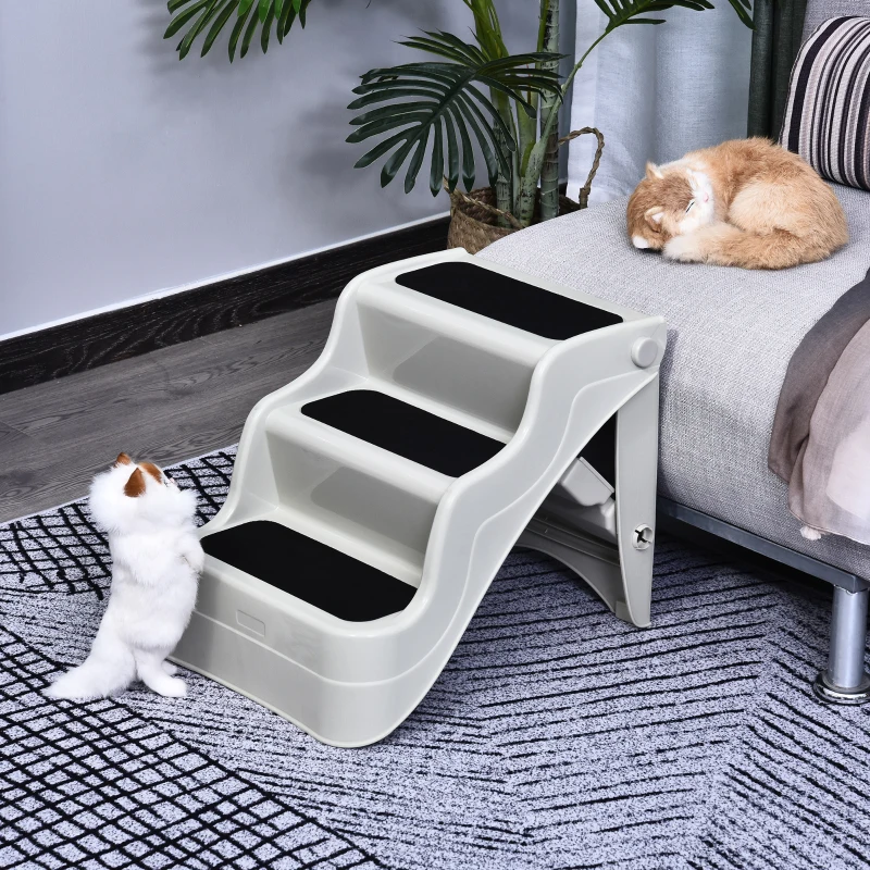 PawHut 3-steps Dog Stairs, Plastic Cat Ladder Lightweight, Pet Access Steps, for Bed, Sofa, Non-slip Stickers, White