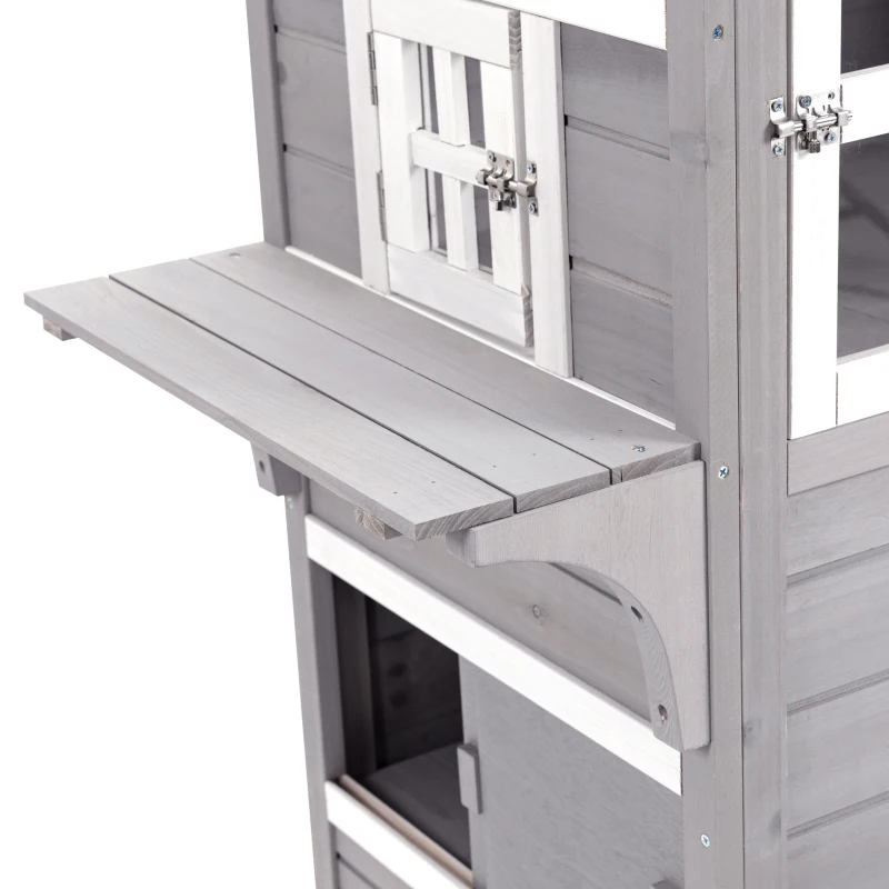PawHut Caseta para Gatos de Madera Exterior Casa Grande para Gatos de 3 Pisos con Múltiples Entradas Ventanas y 2 Plataformas para Terraza Balcón Jardín 93,5x67x117 cm Gris