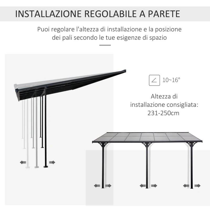 Outsunny Pergola Addossata da Giardino 4.4x3m Regolabile in Policarbonato e Alluminio, Grigio
