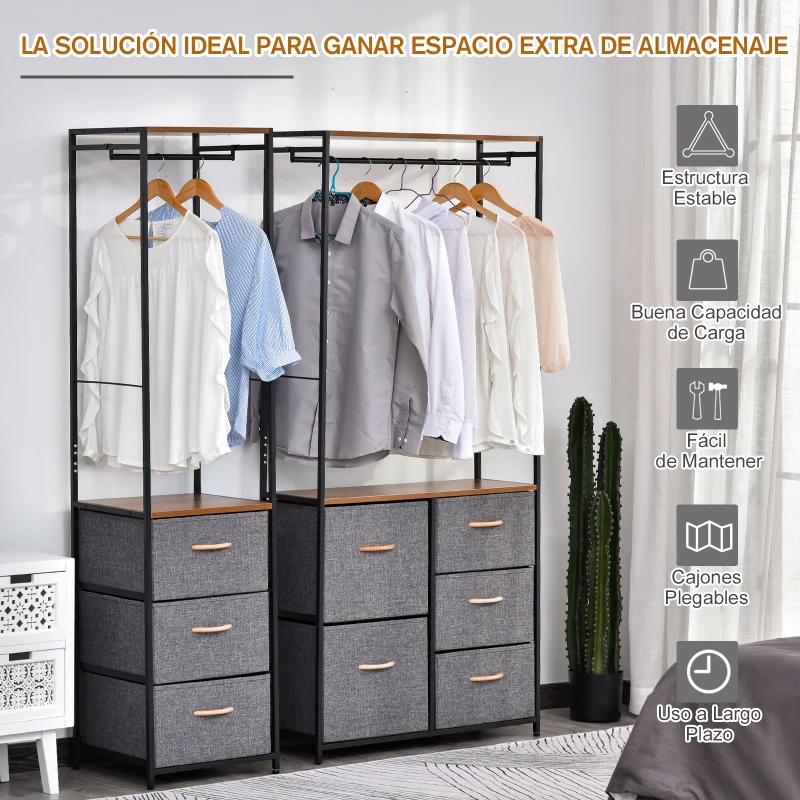 Armario Ropero Abierto Almacenaje Hecho de Metal Plegable con 5 Cajones Extraíbles Apto para Salón Oficina Dormitorio Estudio con Barra para Colgar Estilo Moderno Negra Gris 83x28x175cm