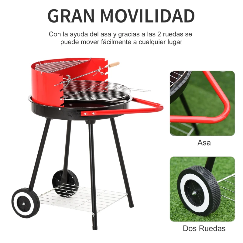 Outsunny Parilla para Barbacoa de Carbón con Rejilla a Diferentes Alturas Parilla de Calentamiento con Estante Redondo para Almacenaje 51x70x75,5 cm Rojo y Negro