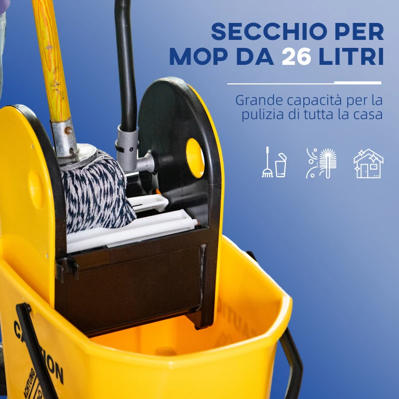 HOMCOM Secchio Lavapavimenti Professionale con Strizzatore Manuale, 4 Ruote e Maniglia in Metallo, Giallo