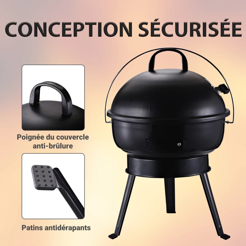 Outsunny Barbecue à charbon ronde portable barbecue de jardin résistant avec couvercle métal 36,5 x 36,5 x 54 cm noir