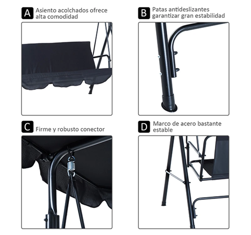Outsunny Balancín de Jardín con Techo Ajustable en Ángulo Carga Máx. 200 kg Acero 172x110x153 cm Negro