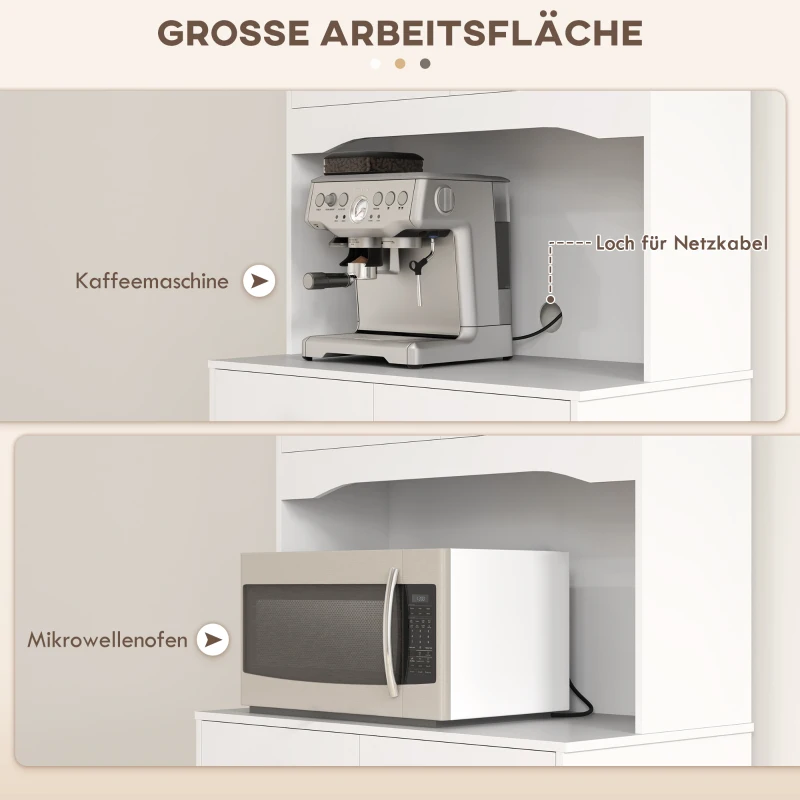 HOMCOM Freistehender Küchenschrank mit Arbeitsplatte für Mikrowelle, Kaffeemaschine, Schränke, Glastüren, Weiß(m-5)