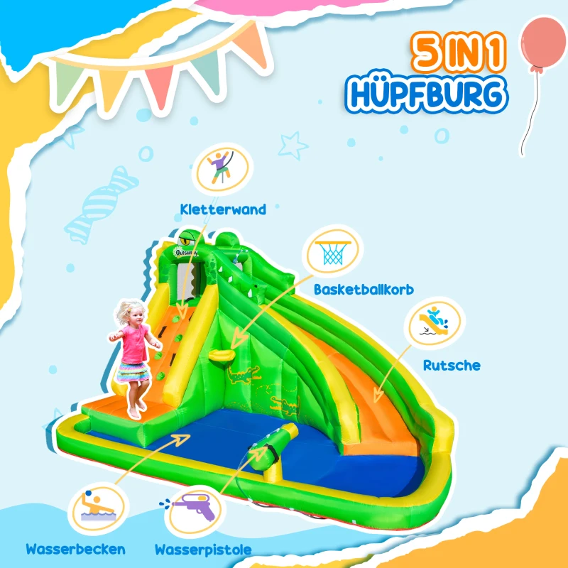 Outsunny Aufblasbare Hüpfburg mit Gebläse Wasserrutsche Spielpool Aufblasbare Wasserspielcenter mit Rutsche Wasserpark aufblasbar Planschbecken ab 3 Jahre 380 x 285 x 225 cm