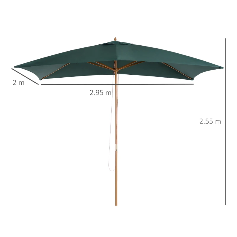 Outsunny Ombrellone 2x3 m da Giardino in Legno Laccato e Bambù con Copertura Rimovibile, Verde Scuro