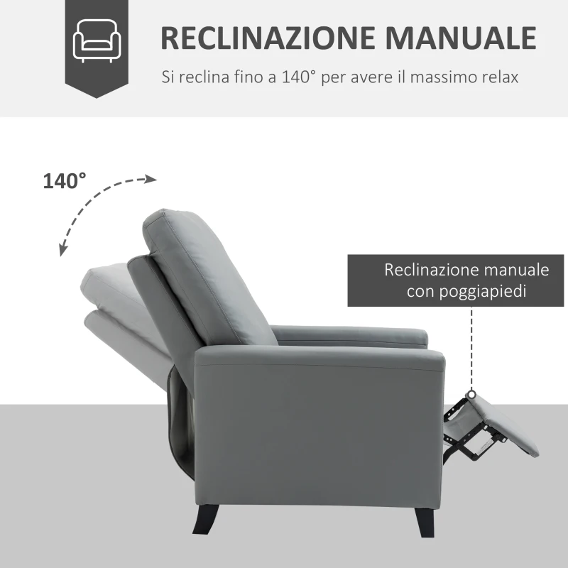 HOMCOM Poltrona Relax Imbottita e Reclinabile Manualmente, in Similpelle, 70.5x86x99cm - Grigio