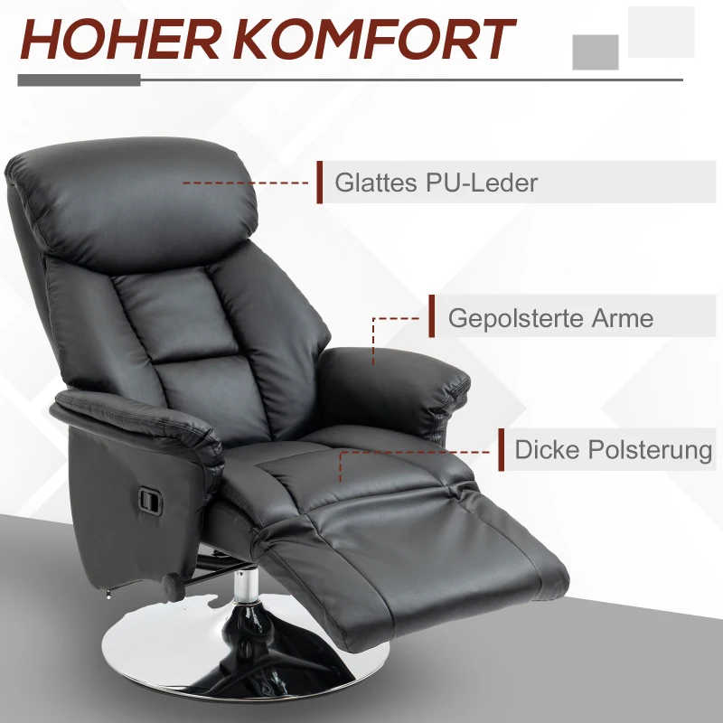 HOMCOM Relaxsessel, Liegefunktion, Lederoptik, Fußstütze, bis 150 kg, 78 x 80 x 109 cm, Schwarz(m-6)