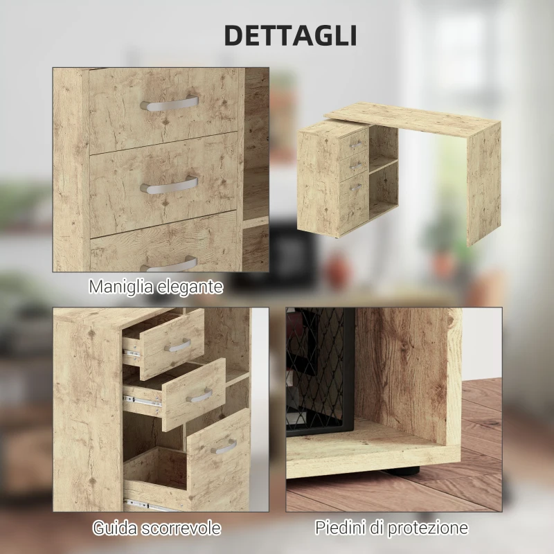 HOMCOM Scrivania Angolare per PC con 3 Cassetti e Ripiani Aperti, in Legno e Metallo, 117x83.5x76 cm, Noce