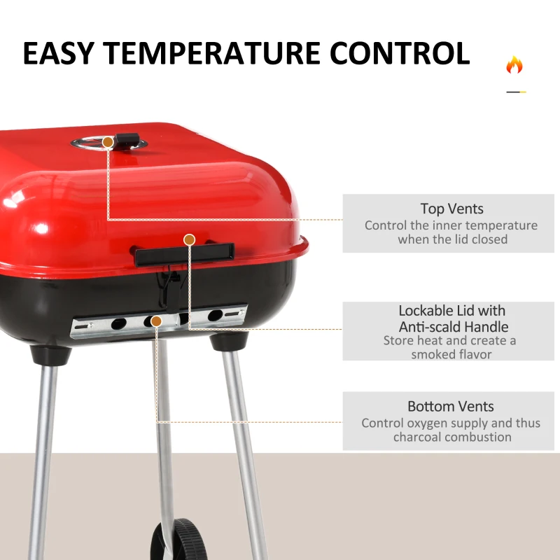 Outsunny Charcoal Trolley BBQ Barbecue Grill Patio Camping Picnic Garden Party Outdoor Cooking with Lid, Wheels and Storage Shelf, Black and Red