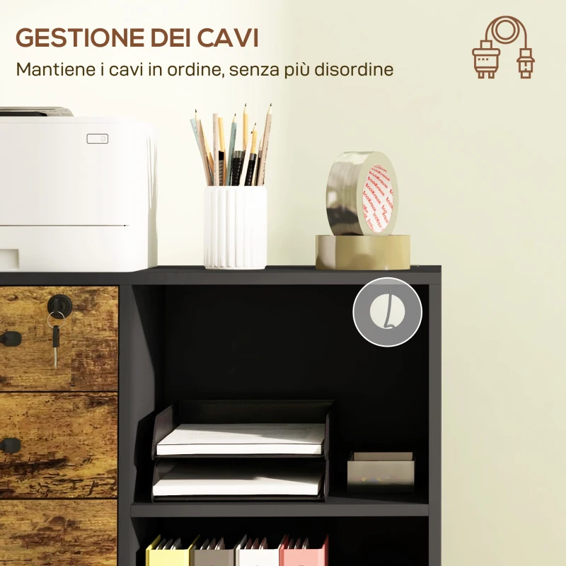 HOMCOM Mobile per Stampante con 3 Cassetti, 2 Ripiani Aperti e Foro Passacavi, in MDF, 80x40x65.5 cm, Marrone e Nero