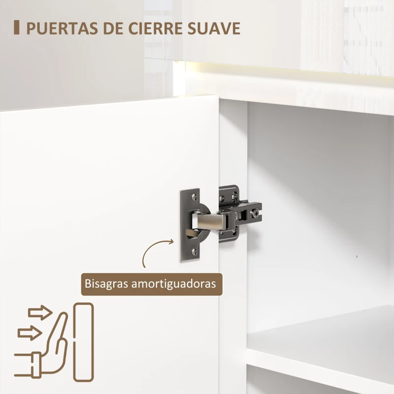 HOMCOM Aparador de Salón con Luces LED 4 Cajones Cierre Suave Estantes Ajustables y Mando a Distancia 120x34x80cm Blanco Brillo